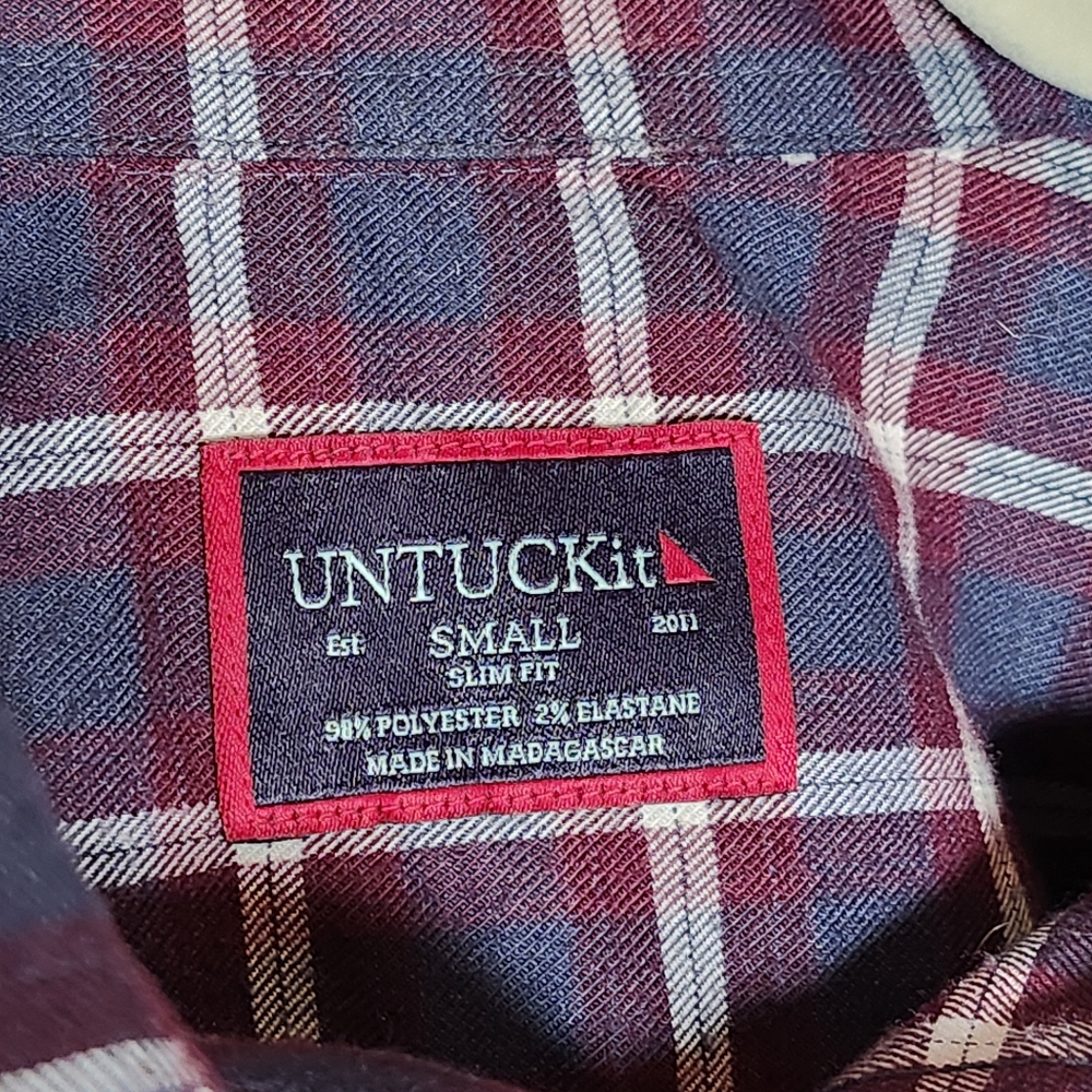 Untuckit Long Sleeve Men's Slim Fit Maroon & Blue Plaid Shirt Taurino - Picture 3 of 7